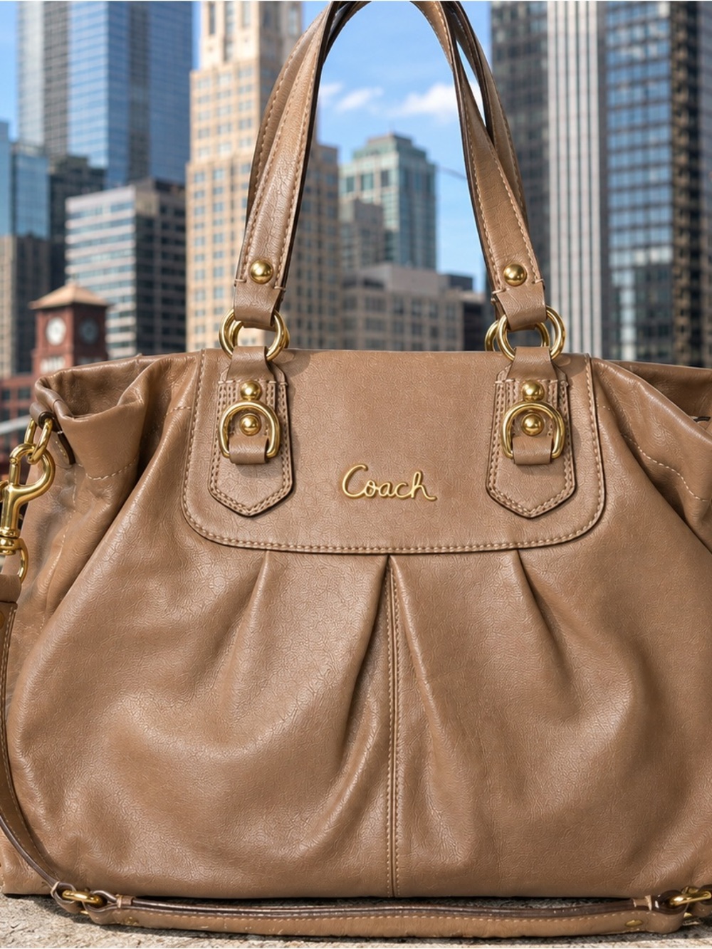 Coach Taupe Leather Tote with Gold Hardware